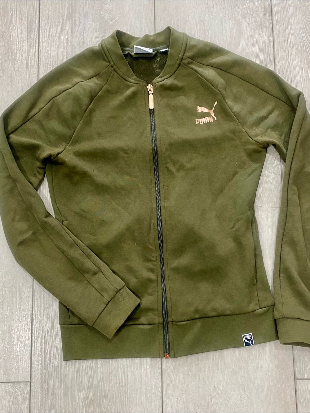 Puma Olive Green Full-Zip Bomber Jacket with Rose Gold Logo